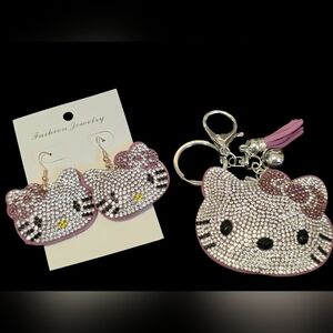 Hello Kitty Rhinestone Earrings & Keychain Set – Sparkly Bag Charm + Jewelry
